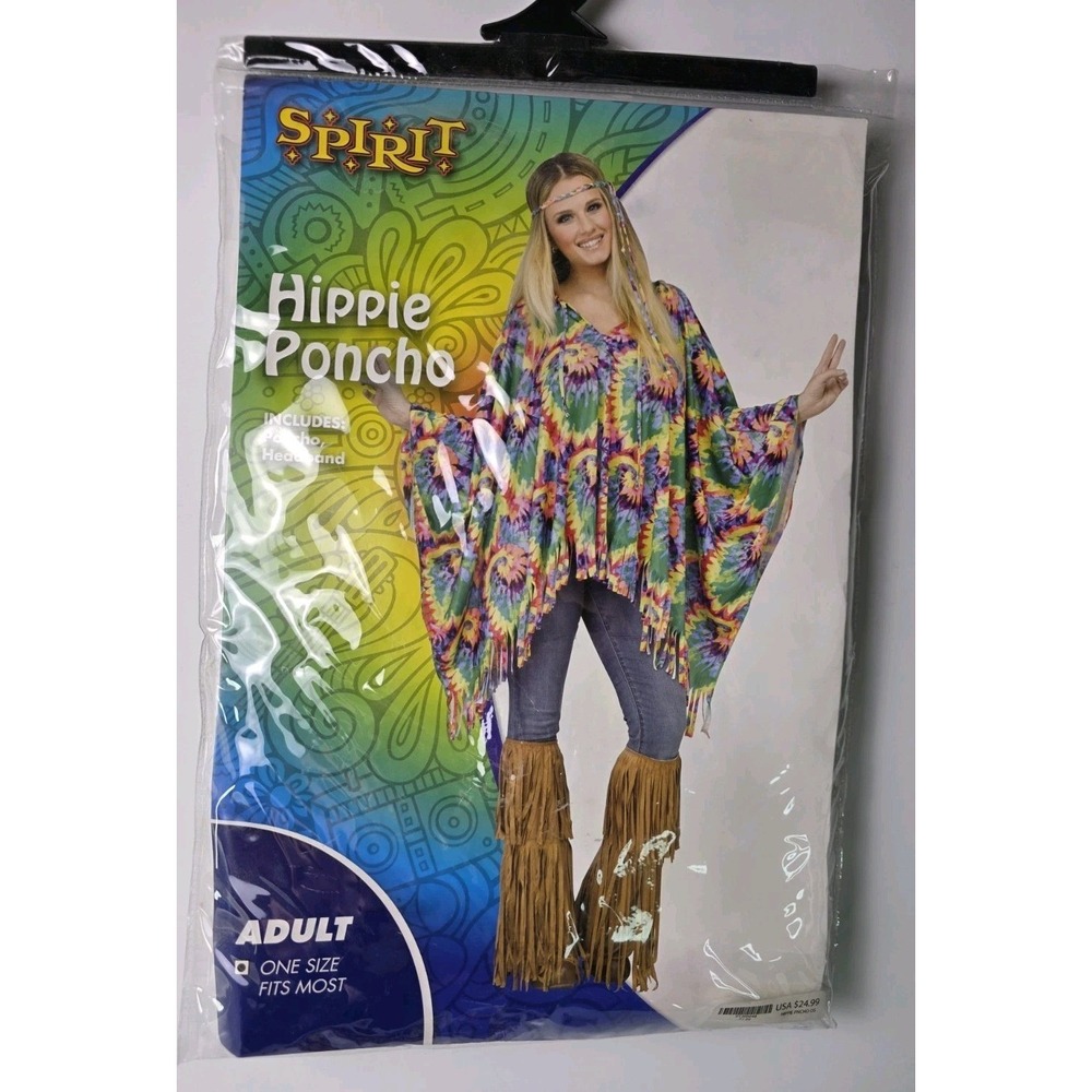 Spirit Halloween Adult Hippie Poncho Headband Set Tie Dye Rainbow One Size OSFM